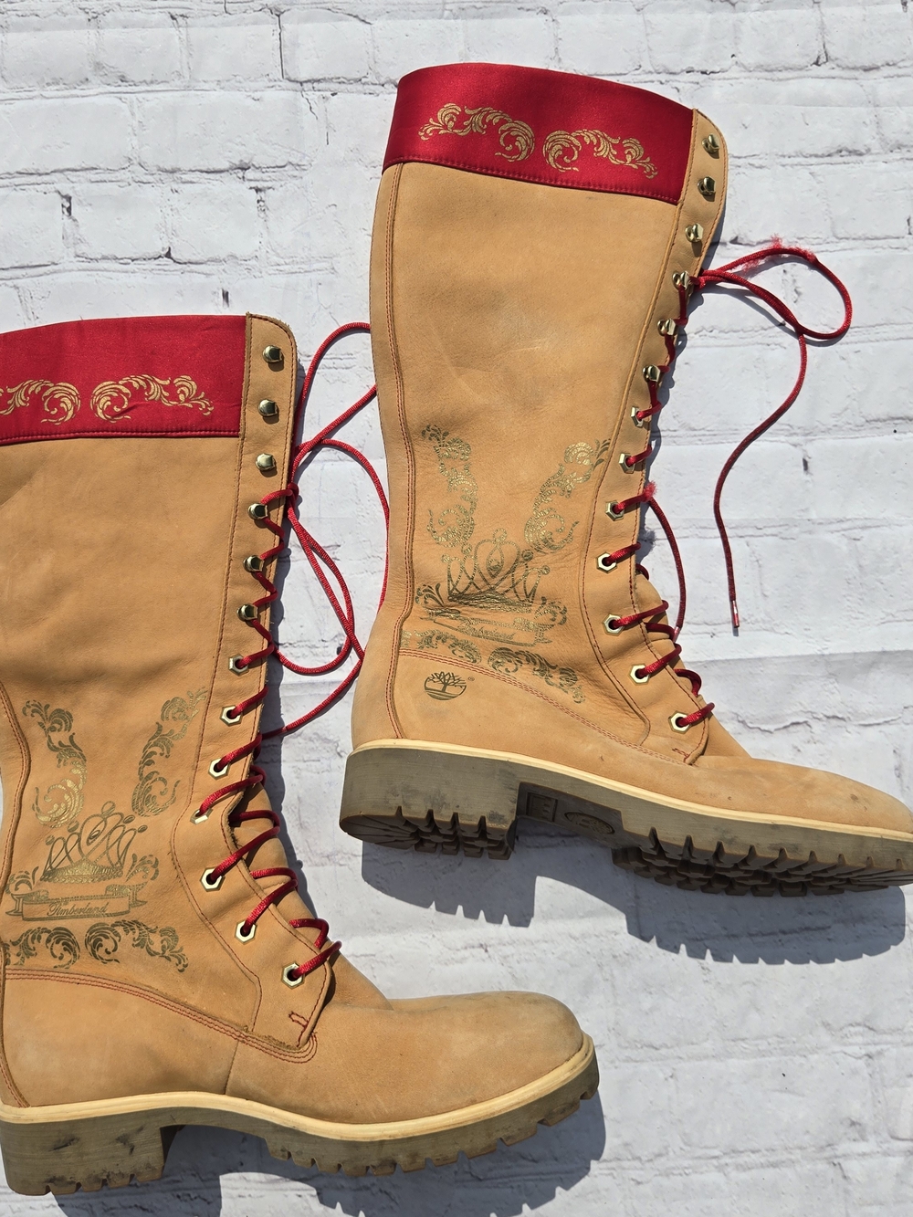 Vtg Y2k Timberland Premium 14" Boots Tan Red Gold Scrollwork Sz 10 Fairy Grunge